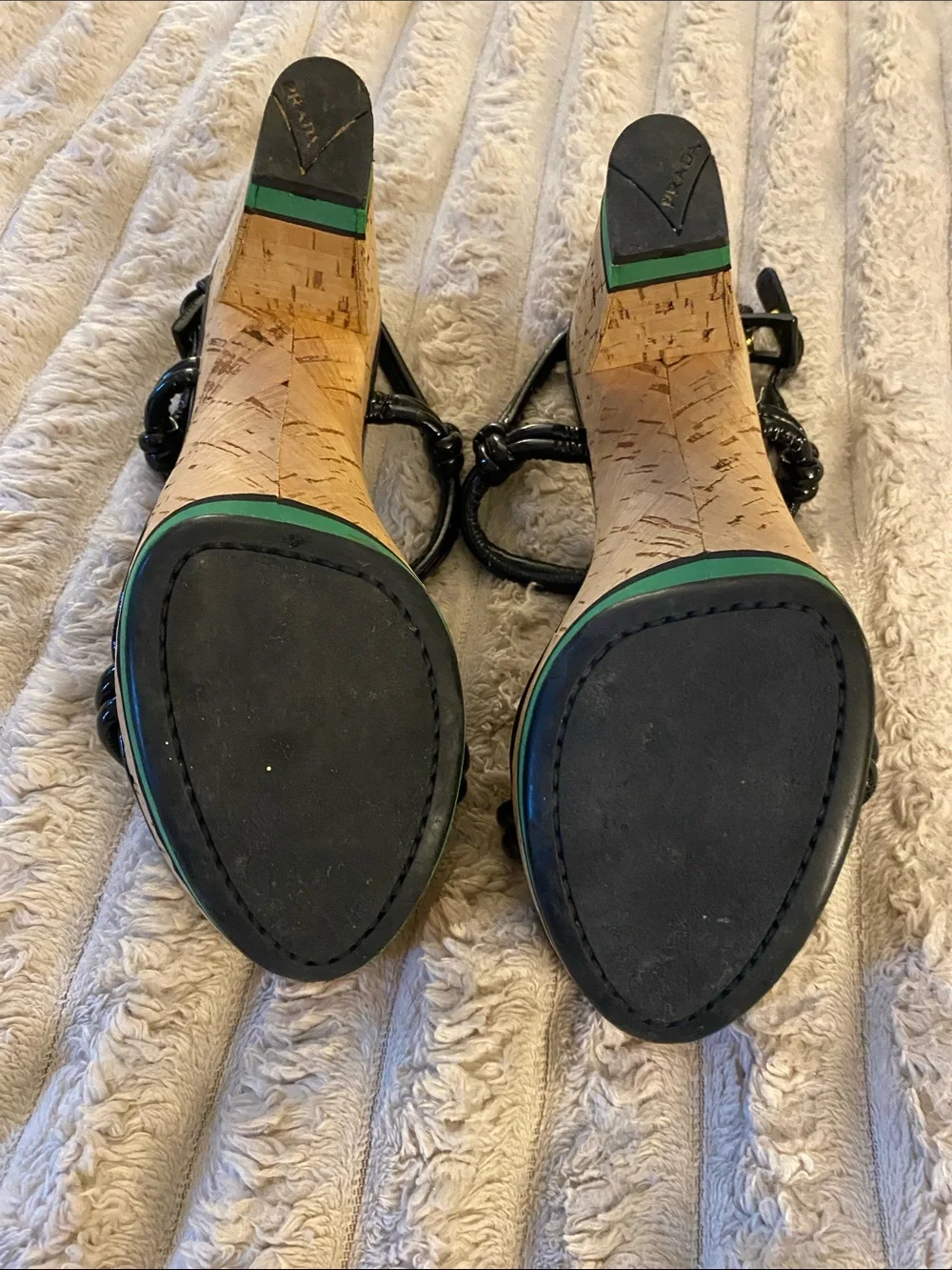 Prada Black Patent Cork Platform Sandals with Green Trim
